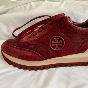 Tory Burch burgundy suede sneakers